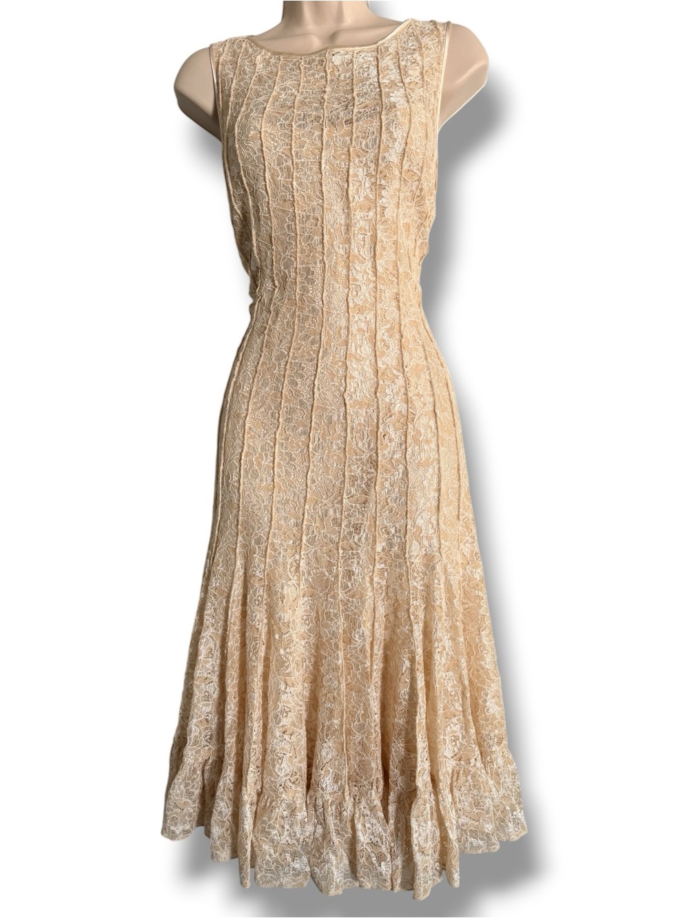 Rickie Freeman for Teri Jon Lace Seamed Midi Flounce Dress Cream Size 10